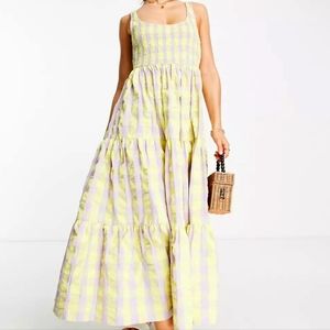ASOS DESIGN shirred maxi sundress with tiers in lilac and lemon check